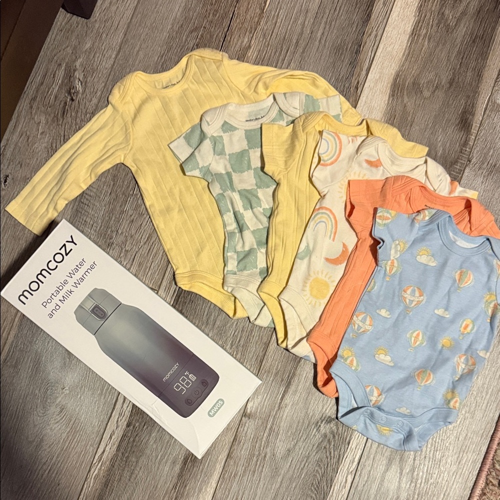 NEW IN BOX Momcozy Portable Milk Warmer + Baby Onesies Set